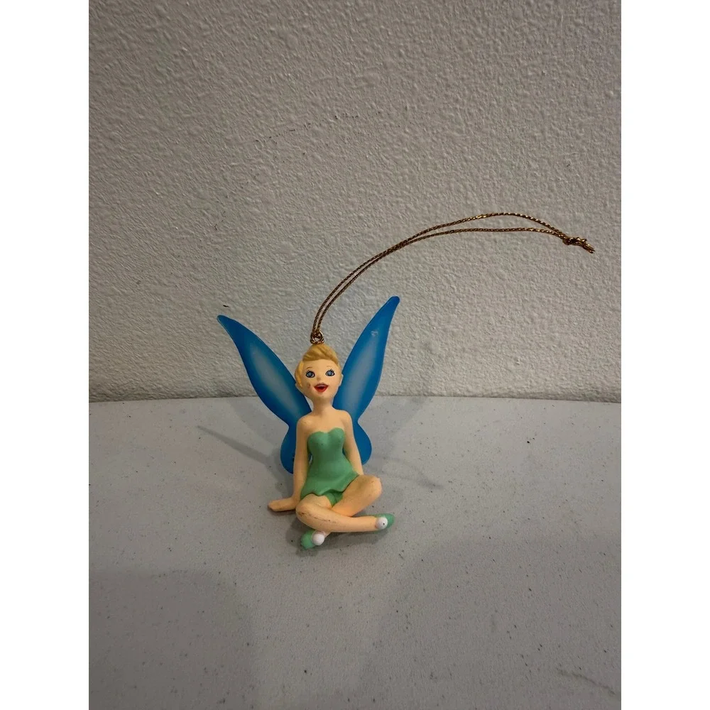 Disney Tinker Bell Fairy Christmas Ornament Blue Wings Green Dress Sitting Pose